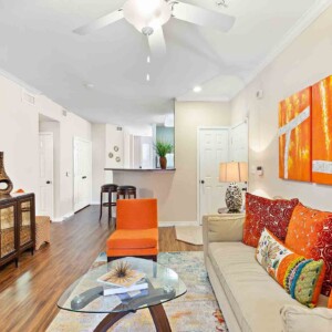 living room with plank flooring