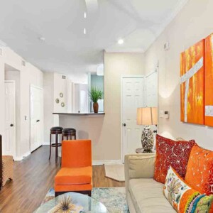 living room with plank flooring
